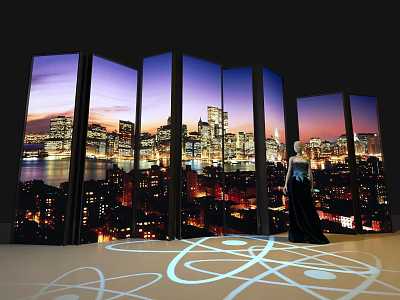 Multiple Screens Showing City Night View With Woman And Illuminated Floor Patterns 3d model