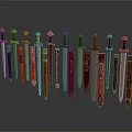 Various Decorative Swords With Ornate Handles And Colorful Blades On