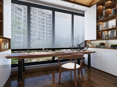 Home Office Interior Design With Large Window Wooden Desk And White Cabinets 3d model