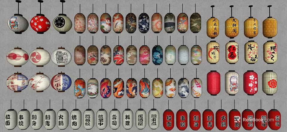 Traditional Chinese Hanging Lanterns With Various Colorful Patterns And Designs 3d model