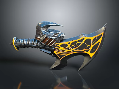 Ornate Double Bladed Battle Axe With Black Yellow Color Scheme Intricate Patterns And Metallic Handle 3d model