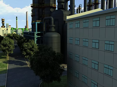 Modern Industrial Factory Building With Tall Structures Pipes Chimneys Trees And Road 3d model