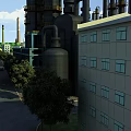 Modern Industrial Factory Building With Tall Structures Pipes Chimneys Trees And Road