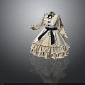 Beige Navy Blue Dress With Ruffled Skirt Black Bow Accents Stand Collar And Long Sleeves