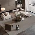 Modern Beige Sofa And Coffee Table Set With Wooden Floor Large Windows And Area Rug