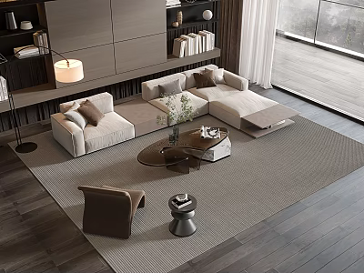 Modern Beige Sofa And Coffee Table Set With Wooden Floor Large Windows And Area Rug 3d model