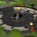 Garden Landscape Featuring Circular Seating Area Central Fire Pit Stone Steps And Lush Green Plants 3d model
