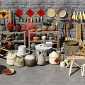 Industrial Ceramic Processing Equipment With Clay Pots Grinding Stones And Storage Racks 3d model