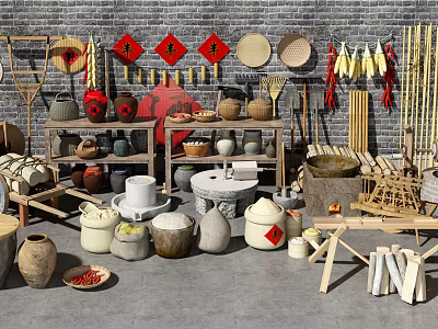 Industrial Ceramic Processing Equipment With Clay Pots Grinding Stones And Storage Racks 3d model