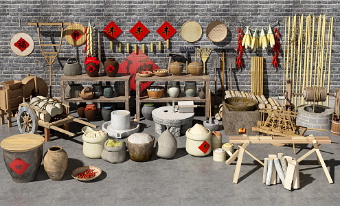 Chinese Farm Tools Nongjiale Ornaments Farm Tools Wine Jar Pepper Corn Water Well 3d model