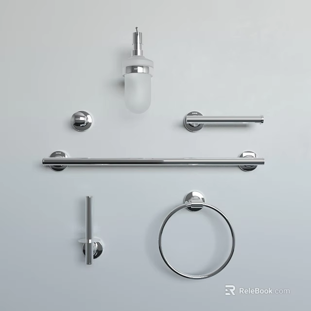 Modern Chrome Bathroom Accessories With Towel Bars Rings Soap Dispensers And Hooks 3d model 