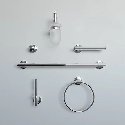Modern Chrome Bathroom Accessories With Towel Bars Rings Soap Dispensers And Hooks 3d model