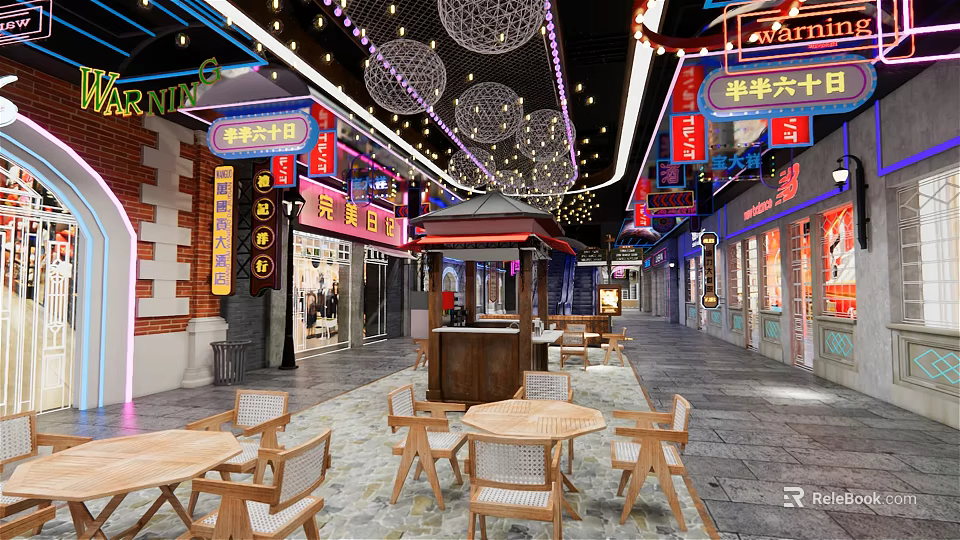 Vibrant Commercial Street With Neon Signs Shops Tables Chairs And Decorative Lights 3d model 