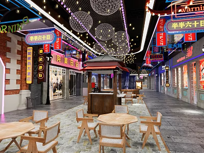 Vibrant Commercial Street With Neon Signs Shops Tables Chairs And Decorative Lights 3d model