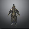 Man In Full Body Ancient Warrior Armor With Golden Decorations And Helmet