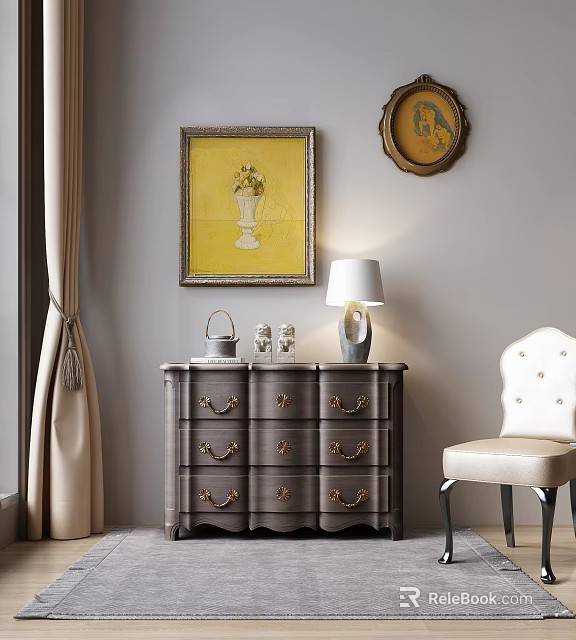 Elegant Entryway Side Cabinet With Dark Gray Drawers Brass Handles Framed Painting And Table Lamp 3d model 