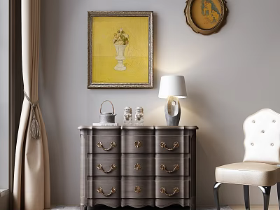 Elegant Entryway Side Cabinet With Dark Gray Drawers Brass Handles Framed Painting And Table Lamp 3d model