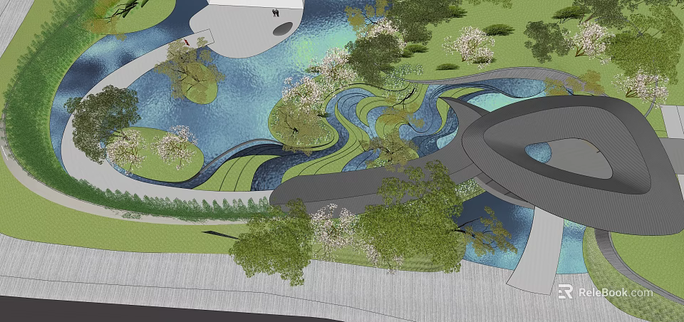Scenic Landscape Design Featuring Curved Paths Water Features Green Trees and Modern Bridge 3d model 