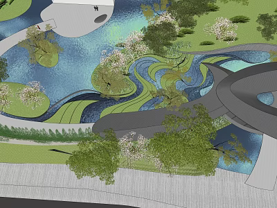 Scenic Landscape Design Featuring Curved Paths Water Features Green Trees and Modern Bridge 3d model