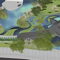 Scenic Landscape Design Featuring Curved Paths Water Features Green Trees and Modern Bridge