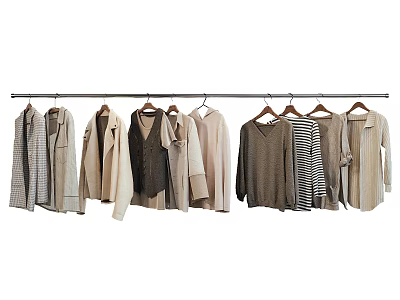 Stylish Neutral Tones Clothes Hanging On Wooden Hangers Including Shirts Vests And Sweaters 3d model