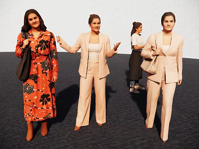 Women In Stylish Outfits Red Floral Dress And Beige Suit Sets Standing Together 3d model