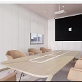 Modern Conference Room Interior With Wooden Table Beige Chairs And Large Projection Screen