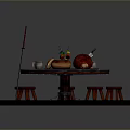 Round Wooden Dining Table With Roast Meat Cake And Red Stools On Stone Pavement