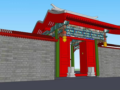 Traditional Chinese Entrance Gate With Red Doors Colorful Decor And Gray Brick Walls 3d model