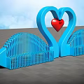 Outdoor Garden Ornament Blue Heart Shaped Fence Structure With Red Small Heart And Blue Sky