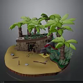 Tropical Island Scene With Palm Trees Wooden Hut Sandy Beach And Tools