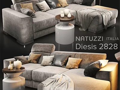 Cozy NATUZZI ITALIA Gray Double Sofa With Pillows Side Table And Blanket 3d model