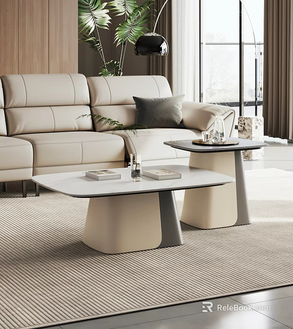Modern Coffee Tables With Neutral Bases Smooth Tops Tray Books By Beige Sofa With Plants 3d model 