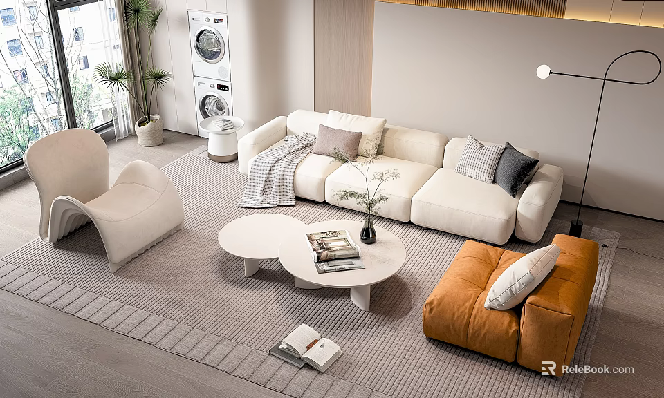 Modern Living Room Sofa And Coffee Table Set With Soft Pillows Round Table And Area Rug 3d model 