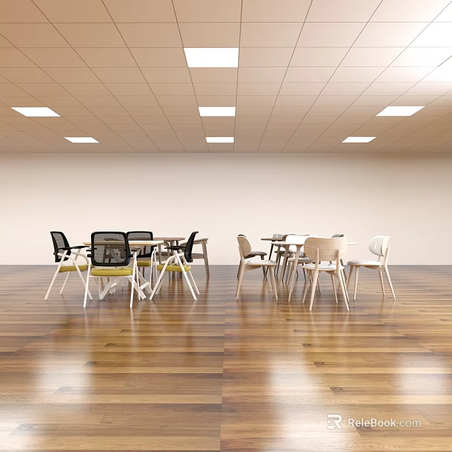 Modern Table And Chair Sets In Bright Room With Wooden Floor And Various Color Chairs 3d model 