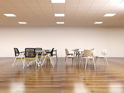 Modern Table And Chair Sets In Bright Room With Wooden Floor And Various Color Chairs 3d model