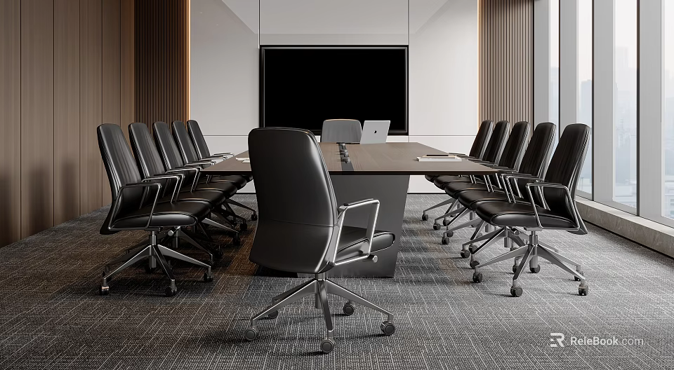 Modern Conference Room Interior Featuring Large Conference Table Black Office Chairs And Wall Mounted Monitor 3d model 