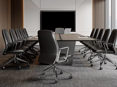 Modern Conference Room Interior Featuring Large Conference Table Black Office Chairs And Wall Mounted Monitor 3d model
