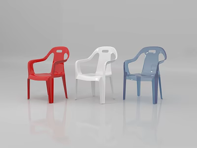 Set of Three Red White Blue Plastic Leisure Chairs With Armrests 3d model
