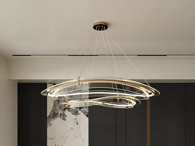 Modern Golden Chandelier with Multiple Circular Rings Suspended in Contemporary Interior Space 3d model