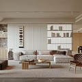 Modern Living Room Interior Design With Sofa Coffee Table Decorative Shelves And Accent Chair