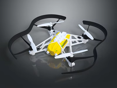 Yellow and White Drone With Black Protective Guards Four Propellers And Stable Structure Design 3d model