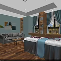 Relaxing SPA Sauna Room Interior With Massage Bed Sofa Decorative Painting And Wooden Floor