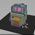 Two Story Mechanic Storefront Building With Yellow Awning Pink Windows And Purple White Buckets