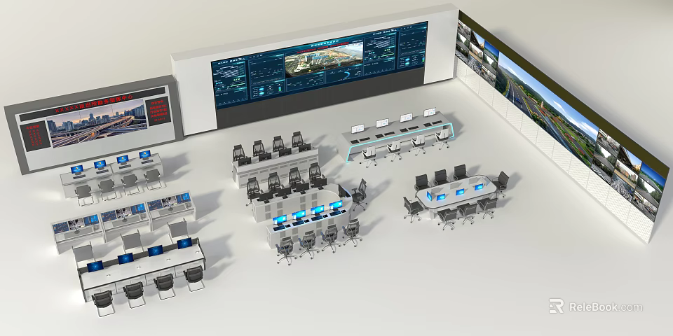 Modern Control Room Office Desks With Multiple Screens And Ergonomic Chairs Setup 3d model
