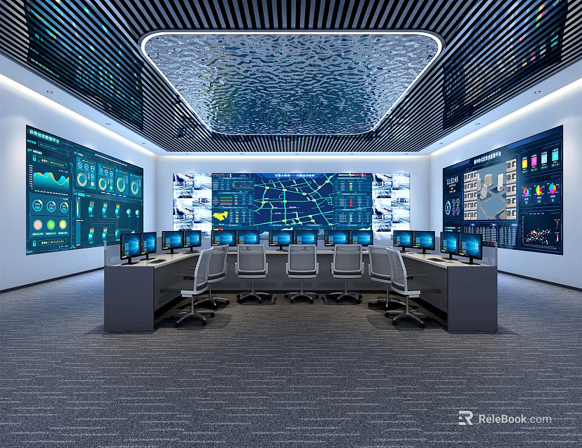 Modern Control Room with Multiple Monitoring Screens Control Desks and Ergonomic Chairs 3d model 