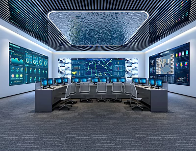 Modern Control Room with Multiple Monitoring Screens Control Desks and Ergonomic Chairs 3d model