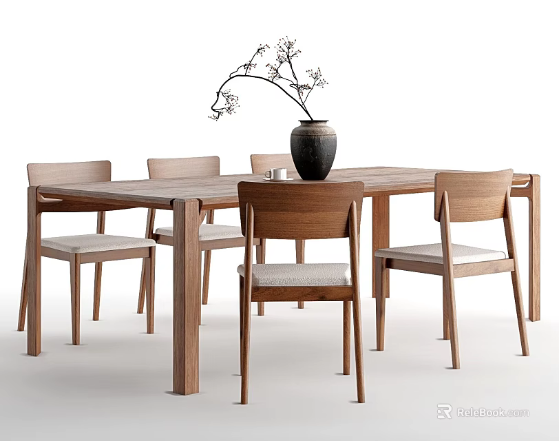 Modern Wooden Dining Table And Chairs Set With Beige Cushions And Decorative Vase 3d model 