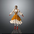Brown Haired Woman In Orange Dress With White Sleeves Red Gloves And Red Shoes