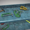Blue Workbench with Shelf Red Gas Cylinder Yellow Tool Green Items and Tools